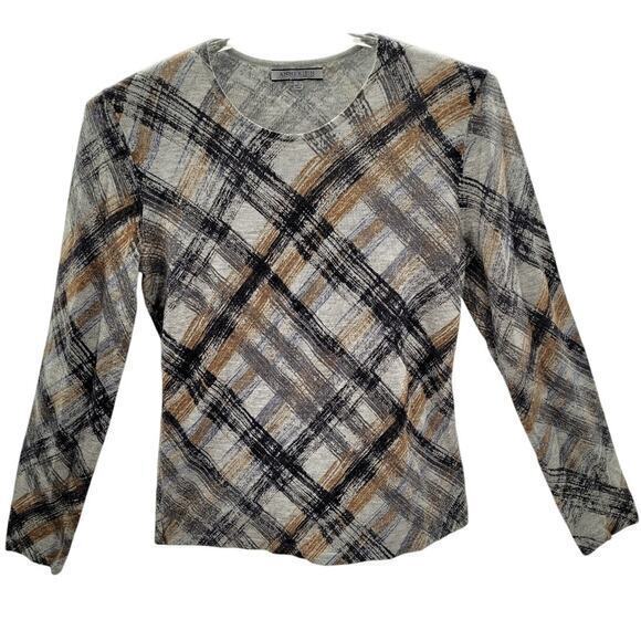 Anne Klein Abstract Cashmere Knit Scoop‎ Neck Long Sleeve Pullover Sweater Top - Picture 1 of 13